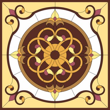 Kare kare, kare kare, simetrik kompozisyon tavanda geometrik, penceresinde çiçek soyut, sarı renkli cam pencere resimlerde vektör