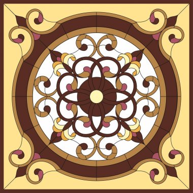 Vitray pencere. Kare kare, kare kare, simetrik kompozisyon, vektör çizim tavanda geometrik, penceresinde soyut çiçek.