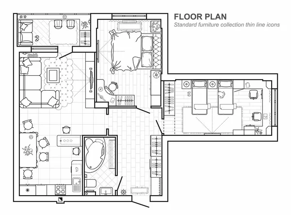 Plano de piso com móveis na vista superior. Conjunto arquitetônico de ícones de linha fina móveis. Layout detalhado do apartamento moderno. Plano de vetores . — Vetor de Stock