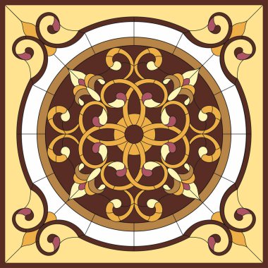 Vitray pencere. Kare kare, kare kare, simetrik kompozisyon, vektör çizim tavanda geometrik, penceresinde soyut çiçek.