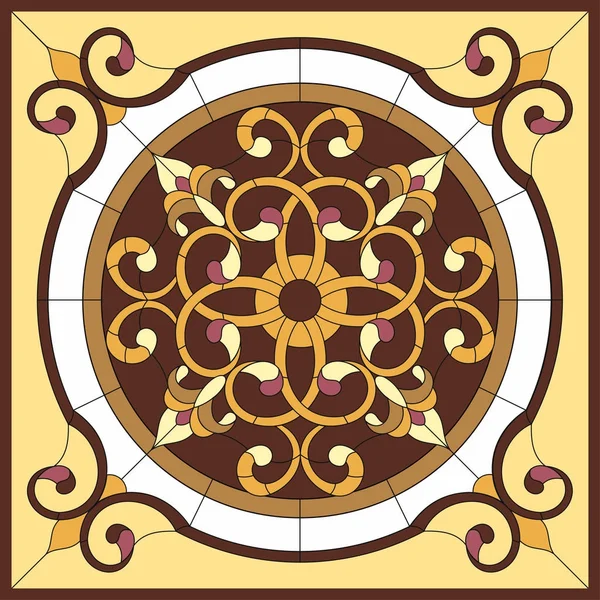 Υαλογράφημα παράθυρο. Αφηρημένη λουλούδι σε τετράγωνο πλαίσιο, γεωμετρικά, παράθυρο στο ταβάνι στο τετράγωνο πλαίσιο, συμμετρική σύνθεση, εικονογράφηση διάνυσμα. — Διανυσματικό Αρχείο