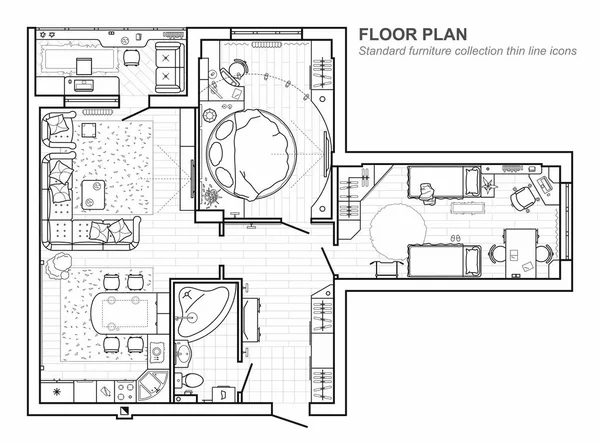 Floor plan with furniture in top view. Architectural set of furniture thin line icons. Detailed project of the modern apartment. Vector interior blueprint. — Stock Vector