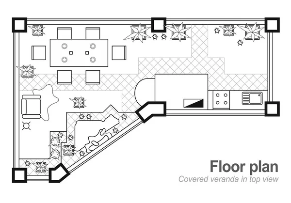 Piano terra, vista dall'alto. Il progetto di interior design della terrazza. Il cottage è una veranda coperta. Layout dell'appartamento con le icone dei mobili. Progetto di architettura vettoriale . — Vettoriale Stock