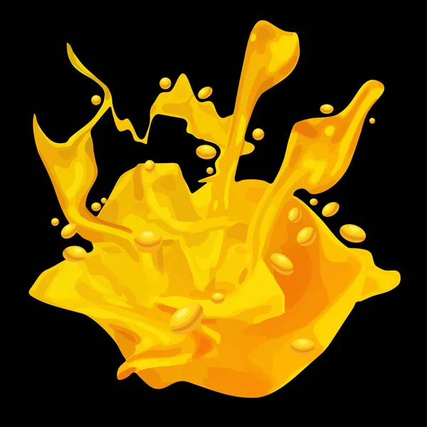 Желтый апельсиновый сок или медовые пятна. Сладкие, пятна, брызги, капли на черном фоне. Жидкие струи, разные формы, абстрактные формы. - фондовый вектор — стоковый вектор