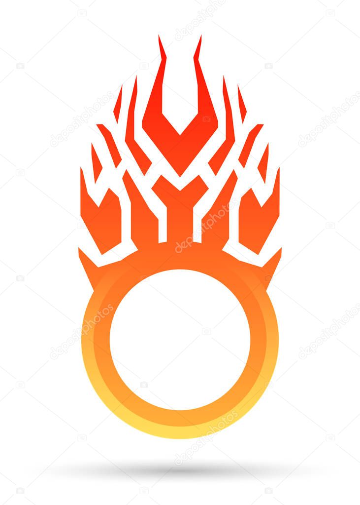 Burning round frame, sale sticker, tag or label. Vector flame logo, icon, symbol design template.