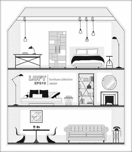 Wohninterieur Mit Möbelsymbolen Schwarz Und Weiß Detailliertes Interieur Mit Wohnzimmer — Stockvektor