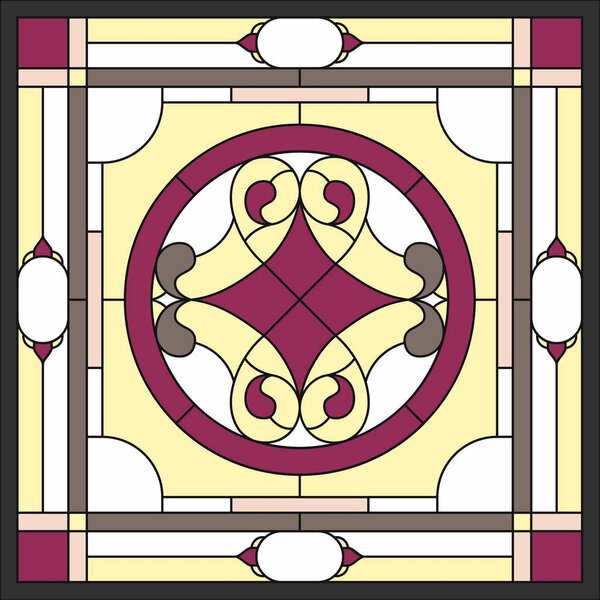 Stained glass window. Abstract Flower in square frame, geometric, window on the ceiling in square frame, symmetric composition, vector illustration.
