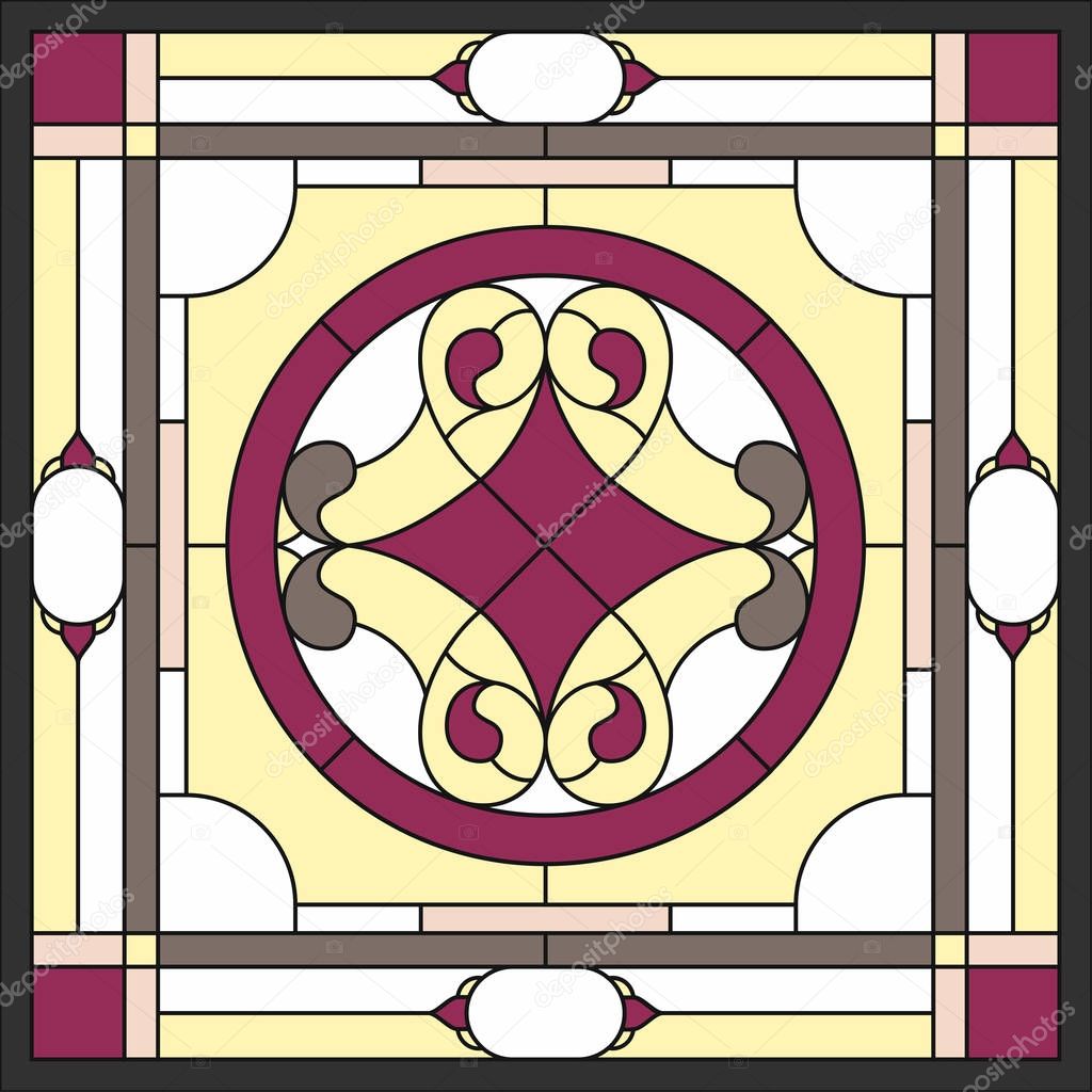 Stained glass window. Abstract Flower in square frame, geometric, window on the ceiling in square frame, symmetric composition, vector illustration.