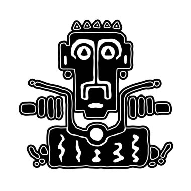 Logo veya etiket amblemi Motorcu bir motosiklet üzerinde kapalı el tribe(ethnic) tarzında siyah beyaz resim çizer. Motosiklet düz simgesi ve iz sürme. düz. Beyaz arka plan üzerinde izole vektör.