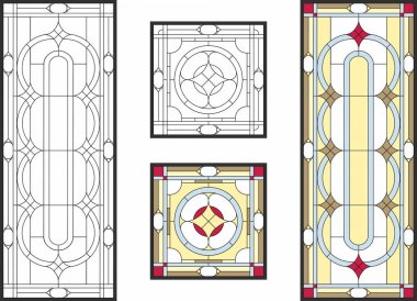 Soyut geometrik çiçek desenli bir dikdörtgen ve kare çerçeve içinde / renkli lekeli cam tavan veya kapı panelleri, Tiffany tekniği için klasik stilde. Vektör set