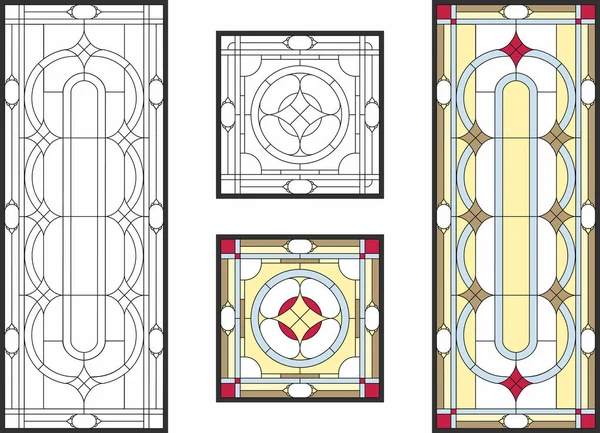 Abstrakta Geometriska Blommönster Rektangulär Och Kvadratisk Ram Färgglada Målat Glasfönster — Stock vektor