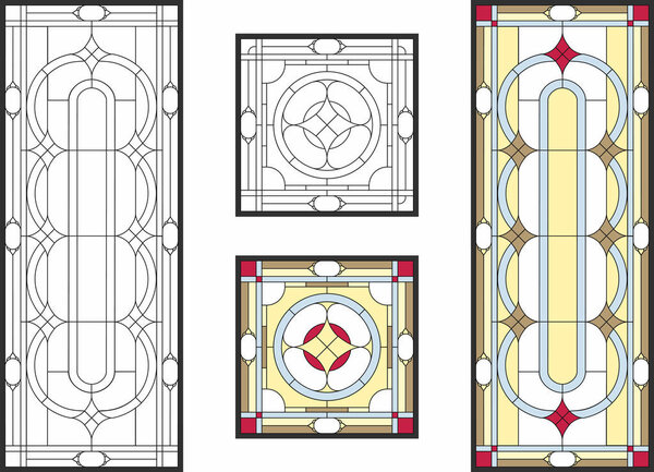 Abstract geometric floral pattern in a rectangular and square frame / Colorful stained glass window in classic style for ceiling or door panels, Tiffany technique. Vector set