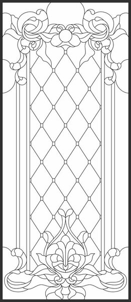 Витражи в прямоугольной рамке, абстрактная цветочная композиция почек и листьев в стиле модерн. Декоративный дизайн окна или двери. Векторная иллюстрация