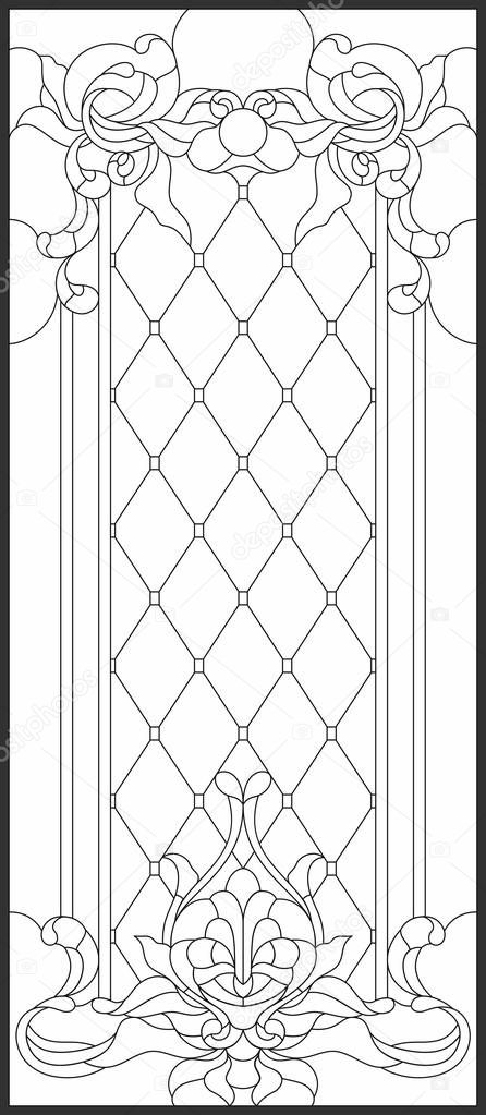 Stained-glass panel in a rectangular frame, abstract floral arrangement of buds and leaves in the art Nouveau style. Decorative design of the window or door. Vector illustration