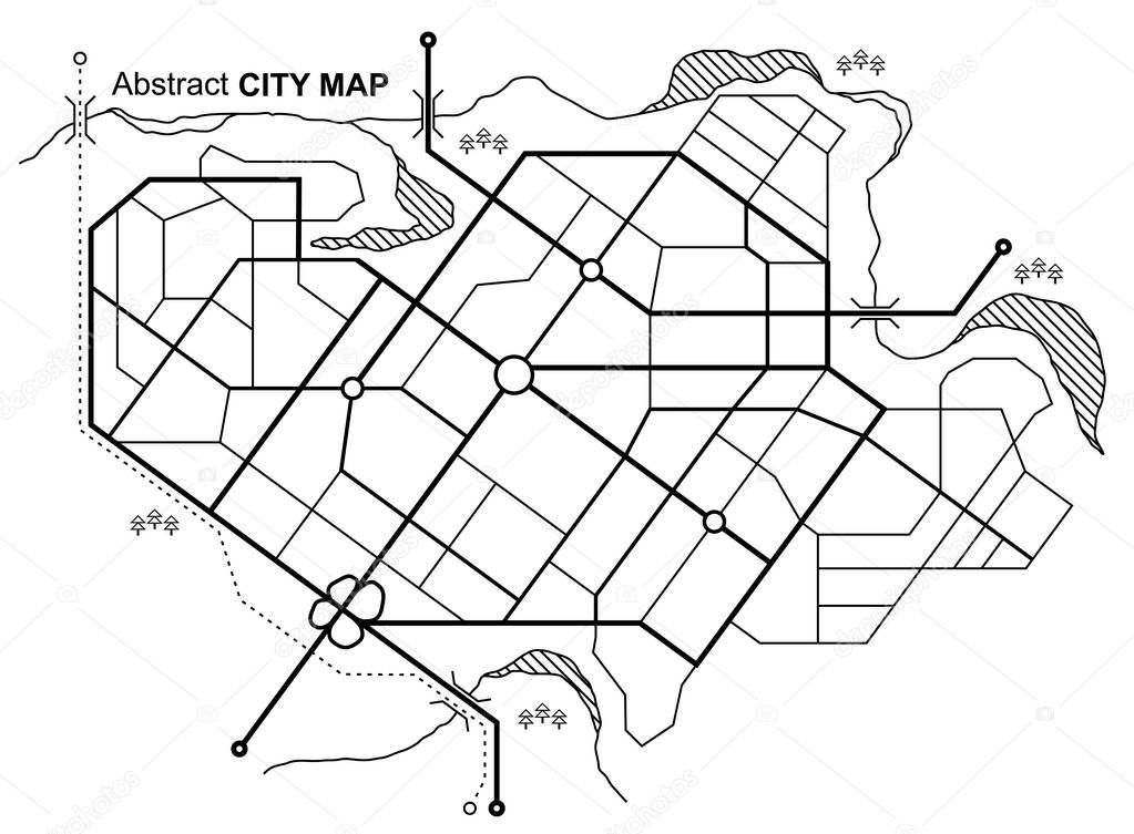 City map. Line scheme of roads. Town streets on the plan. Urban environment, architectural background. Vector