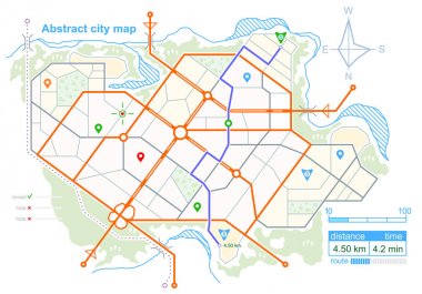 Belirtilen yol güzergahı olan hayali bir şehrin genel haritası. Kasaba sokaklarının planı planda. Navigasyon simgeleri ve GPS gösterge paneli. Stok vektörü