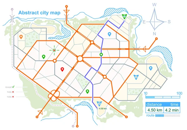 Generic Map Imaginary City Specified Road Route Scheme Town Streets — Stock Vector