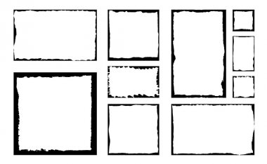 Bir dizi grunge square çerçevesi. Boş sınır arkaplanı. El siyah beyaz mürekkep çeker. Hasarlı kenar vintage şablonu. Fırça darbesi vektörü.