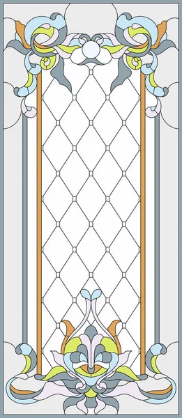 Dikdörtgen bir çerçevede lekeli cam panel, tomurcuklardan ve yapraklardan oluşan soyut bir çiçek düzeneği. Pencere ya da kapının dekoratif tasarımı. Vektör illüstrasyonu.