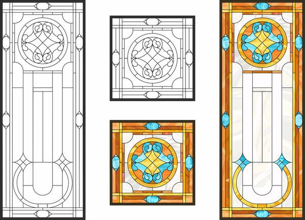 Abstract geometric floral pattern in a rectangular and square frame / Colorful stained glass window in classic style for ceiling or door panels, Tiffany technique. Vector set