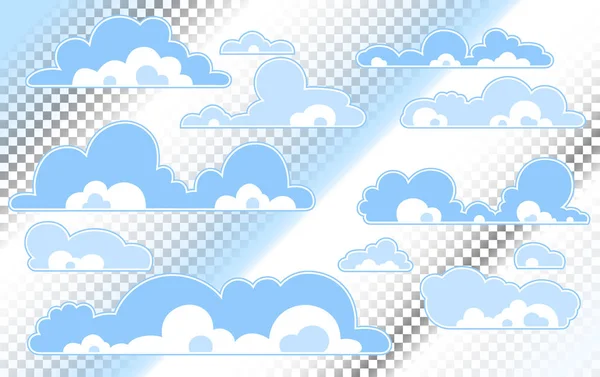 光沢のある日に青い空の雲の漫画します 透明な背景に分離された白いふわふわ雲のシルエット ベクトルを設定 — ストックベクタ
