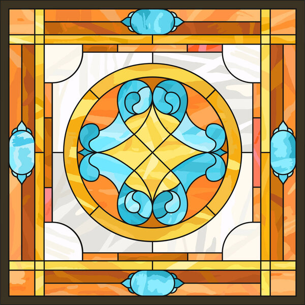 Ceiling panels stained glass window. Abstract Flower, swirls and leaves in square frame, geometric ornament, symmetric composition, tiffany technique, classic style. Vector