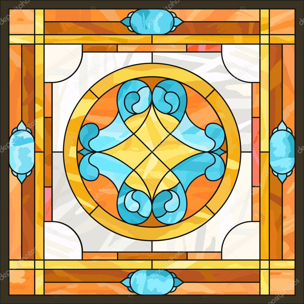 Ceiling panels stained glass window. Abstract Flower, swirls and leaves in square frame, geometric ornament, symmetric composition, tiffany technique, classic style. Vector