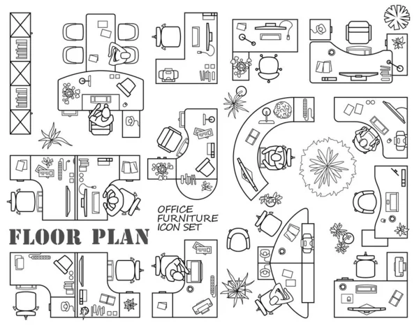 Plattegrond Van Kantoor Kabinet Bovenaanzicht Bureaus Werktafel Stoelen Computers Receptie — Stockvector