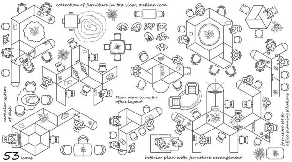 Сучасні Іконки Офісних Меблів Видом Зверху Векторна Колекція Планів Підлоги — стоковий вектор
