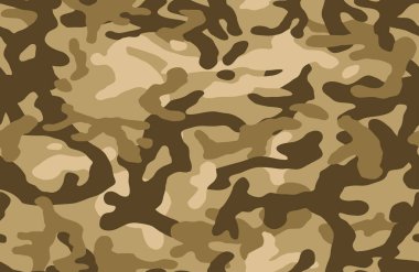 Kamuflaj desenli arka plan kusursuz vektör çizimi. Klasik giyim tarzı kamuflaj tekrarı. Bej, kahverengi, ahşap renkli orman dokusu. 