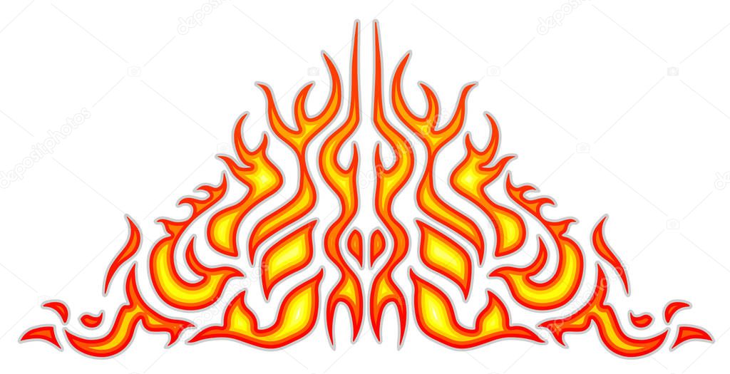 Vehicle sticker - burning flame, car and bike color vinyl decals, isolated on white background. Hot fire decal artwork, illustration of pattern fire stencil. Vector
