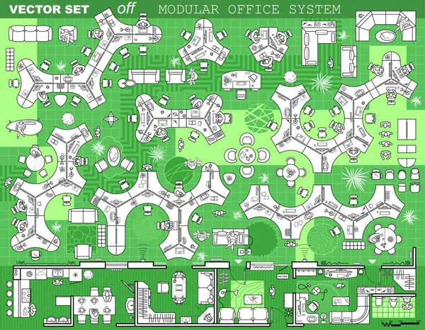 Set Van Modulaire Bureau Interieur Van Kast Plattegrond Bovenaanzicht Collectie — Stockvector