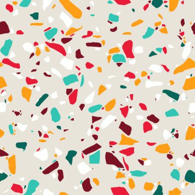 Terrazzo kusursuz desen. Dekoratif granit karoların renkli parlak yüzey dokusu. Taş renkli mozaik. Vektör arkaplanı.  