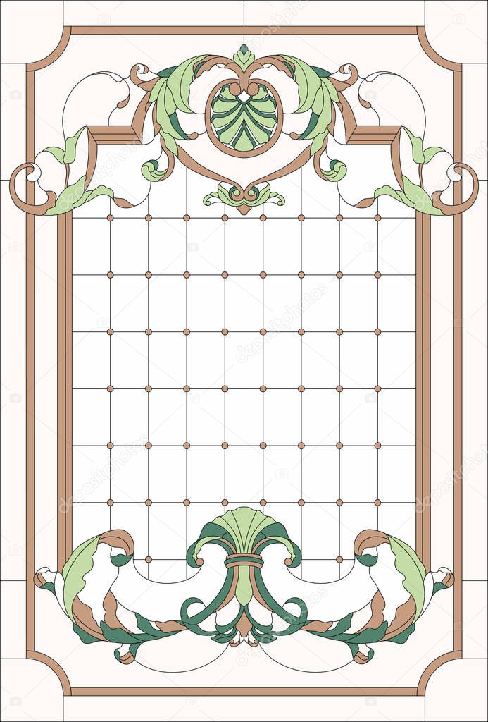 Stained-glass window decoration panel in a rectangular frame, abstract floral arrangement of buds and leaves in the baroque style. Stained glass colorful vector.