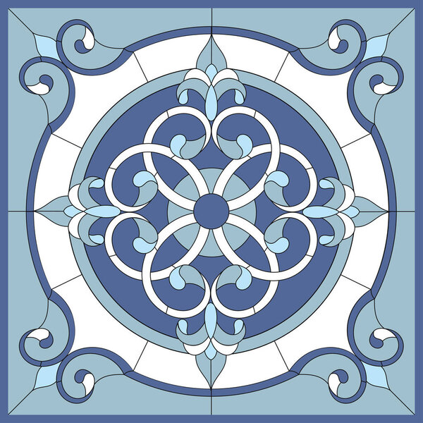 Ceiling panels stained glass window. Abstract Flower, swirls and leaves in square frame, geometric ornament, blue color, symmetric composition, stained glass tiffany technique, classic style. Vector