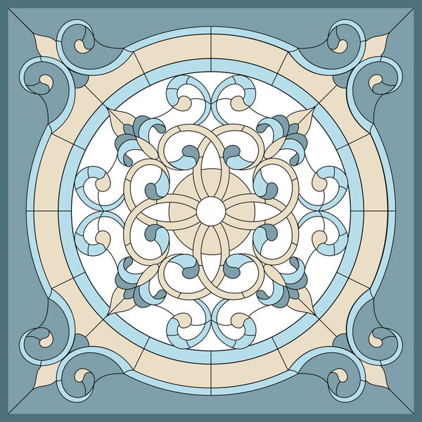 Ceiling panels stained glass window. Abstract Flower, swirls and leaves in square frame, geometric ornament, symmetric composition, stained glass tiffany technique, classic style. Vector