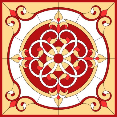 Kare çerçeveli soyut çiçek, geometrik, kare çerçeveli pencere, simetrik bileşim, vektör resimli cam pencere