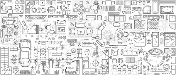 Bútorok Felülnézet Apartmanok Terv Beállítása Elrendezés Lakás Tervezés Műszaki Rajz — Stock Vector