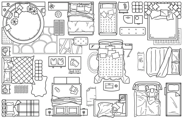 Set Von Möbelsymbolen Für Das Schlafzimmer Draufsicht Den Lageplan Der — Stockvektor