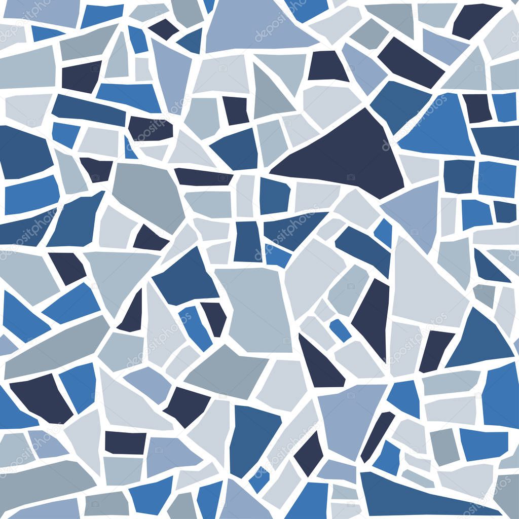 Texture of terrazzo floor. Tile with pebbles and stone. Abstract blue pattern. Trencadis mosaic. Ceramic tiles glued together from pieces. Vector background. 