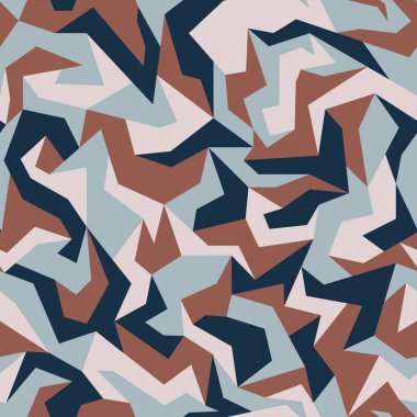Geometrik kamuflaj motifi arka planı. Şehir giyim tarzı, soyut kamuflaj tekrar baskısı. Mavi, deniz mavisi, gök mavisi ve kahverengi renkler, deniz dokusu. Tekstil tasarımı. Vektör illüstrasyonu.