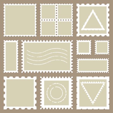 Boş dikdörtgen ve kare posta pulları, bej arka planda izole edilmiş bir gölge. Teslimat yazışmalarının boş şablon işaretli sembolü. Vektör çerçeve kenarı