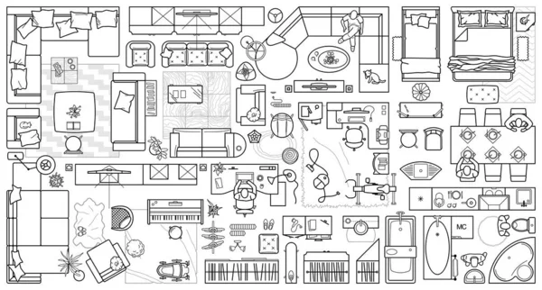 Grundrisssymbole Für Design Interieur Und Architektonisches Projekt Ansicht Von Oben — Stockvektor