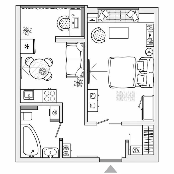 Architekturplan Eines Einzimmerappartements Mit Küche Und Schlafzimmer Kleines Haus Von — Stockvektor