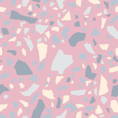 Pastel terrazzo döşeme pürüzsüz desen. Doğal taşlı mozaik zemin vektör dokusu, soluk pembe renk, granit, mermer, kireç taşı, beton. 