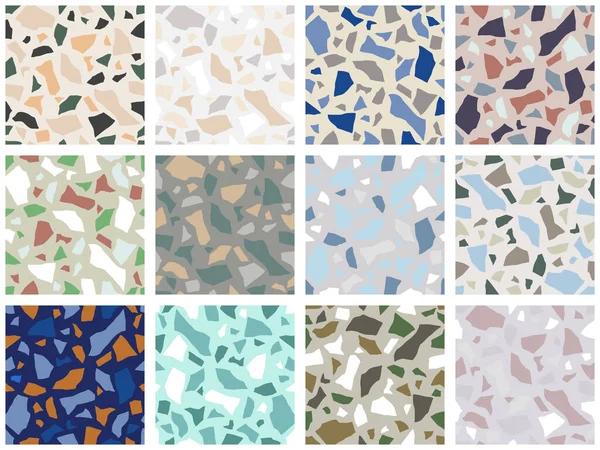 Set Van Granieten Terrazzo Vloerstructuur Abstracte Achtergrond Naadloos Patroon Vectorillustratie — Stockvector