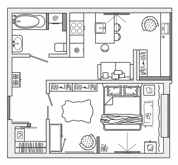 Mutfak Yatak Odası Olan Stüdyo Dairesinin Mimari Planı Küçük Manzaralı — Stok Vektör