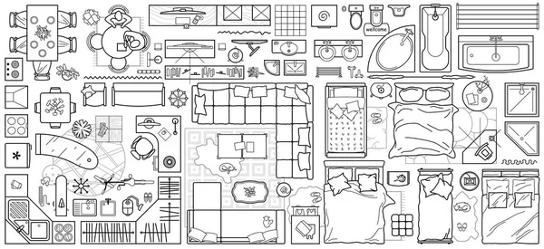 Grundriss Symbol Der Draufsicht Für Die Innenarchitektur Eingestellt Architekturplan Mit — Stockvektor