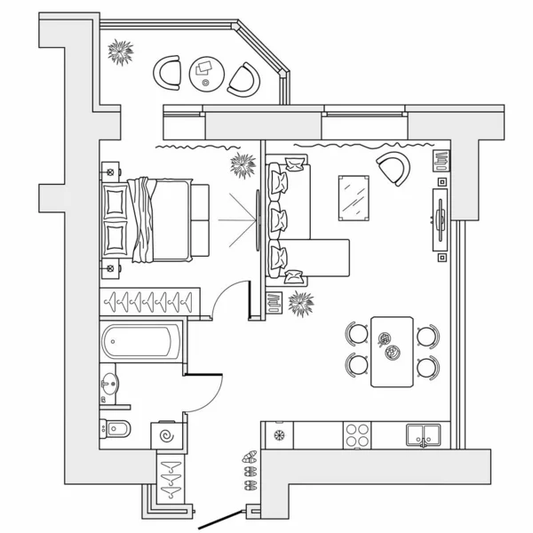 对有布置家具的公寓进行规划 房子的建筑图纸 顶视图 从上面设计室内设计平面图 病媒布局 — 图库矢量图片