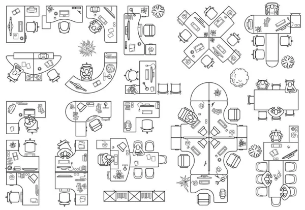 Plattegrond Van Kantoor Kabinet Bovenaanzicht Bureaus Werktafel Stoelen Computers Receptie — Stockvector